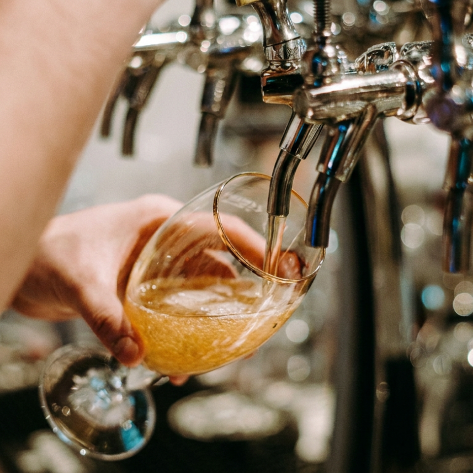 Bartender pours golden beer from polished taps into a tilted stemmed glass at a bar.